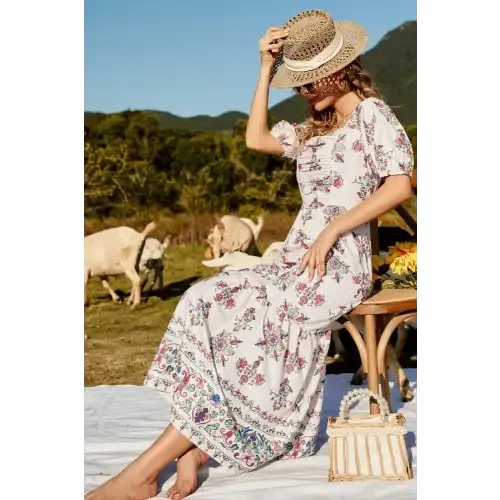 Enchanting Floral Ruched Puff Sleeve Tiered Maxi Dress