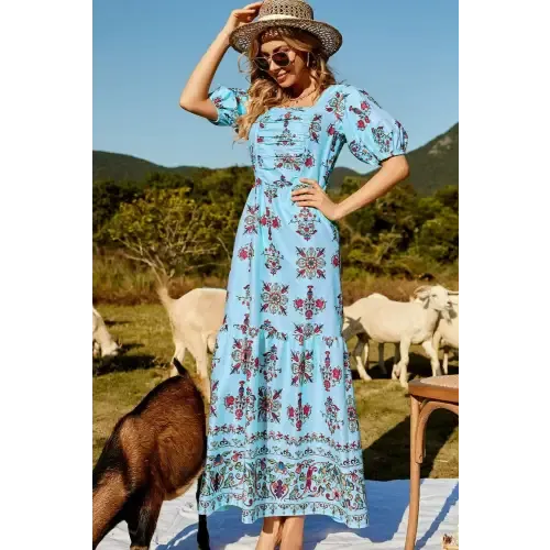 Enchanting Floral Ruched Puff Sleeve Tiered Maxi Dress