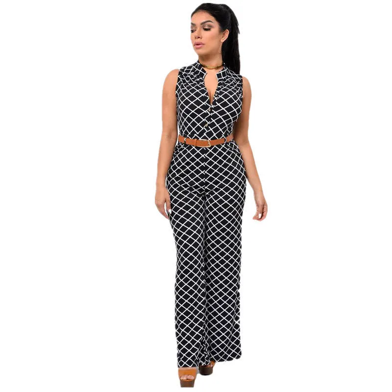 Fashion Big Women Sleeveless Maxi Overalls Belted Wide Leg Jumpsuit 7 Colors S-2XL Plus Size macacao long pant LC60932