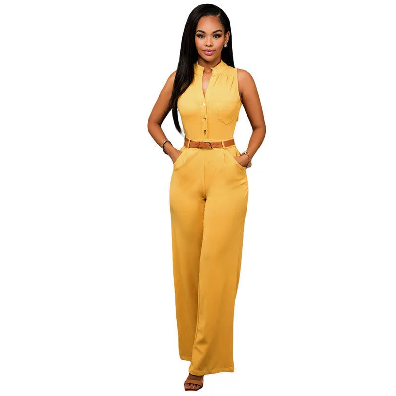 Fashion Big Women Sleeveless Maxi Overalls Belted Wide Leg Jumpsuit 7 Colors S-2XL Plus Size macacao long pant LC60932