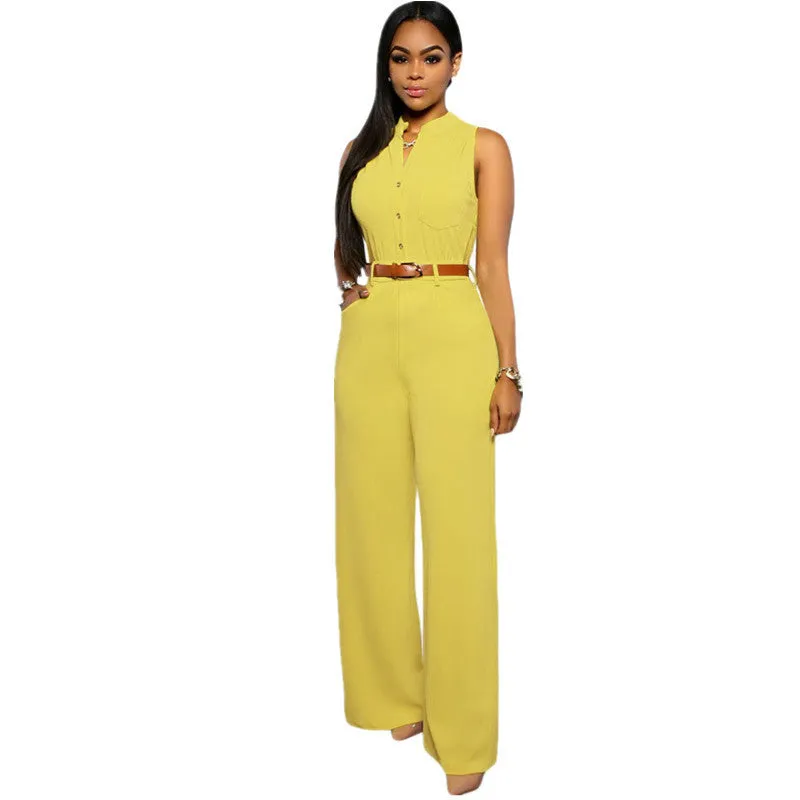 Fashion Big Women Sleeveless Maxi Overalls Belted Wide Leg Jumpsuit 7 Colors S-2XL Plus Size macacao long pant LC60932