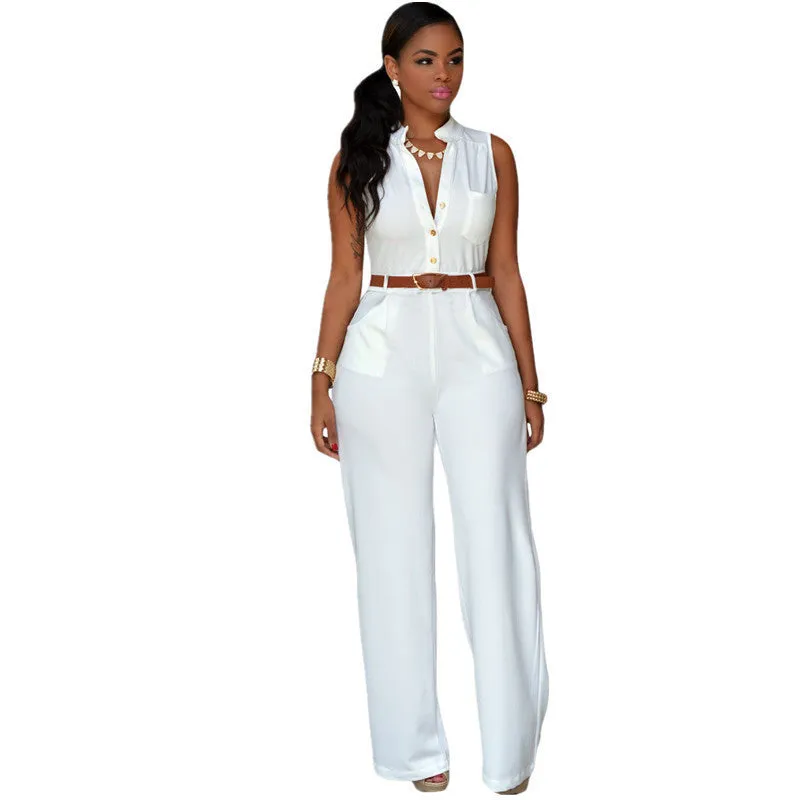 Fashion Big Women Sleeveless Maxi Overalls Belted Wide Leg Jumpsuit 7 Colors S-2XL Plus Size macacao long pant LC60932