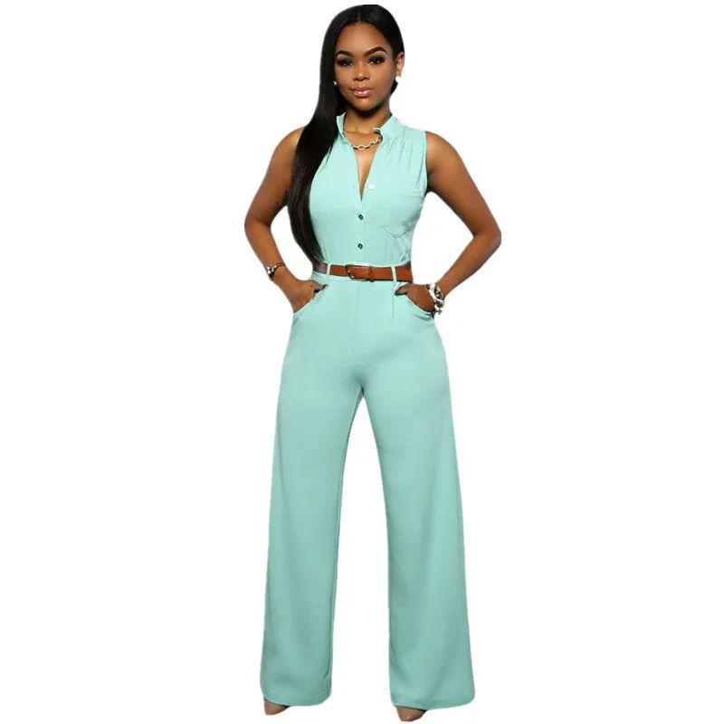 Fashion Big Women Sleeveless Maxi Overalls Belted Wide Leg Jumpsuit 7 Colors S-2XL Plus Size macacao long pant LC60932