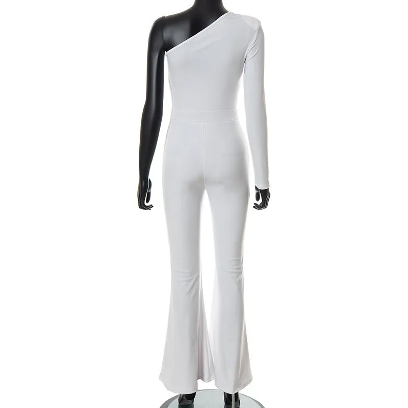 Fashion Solid Color One-shoulder Mesh Stitching Jumpsuit