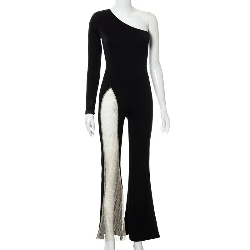 Fashion Solid Color One-shoulder Mesh Stitching Jumpsuit