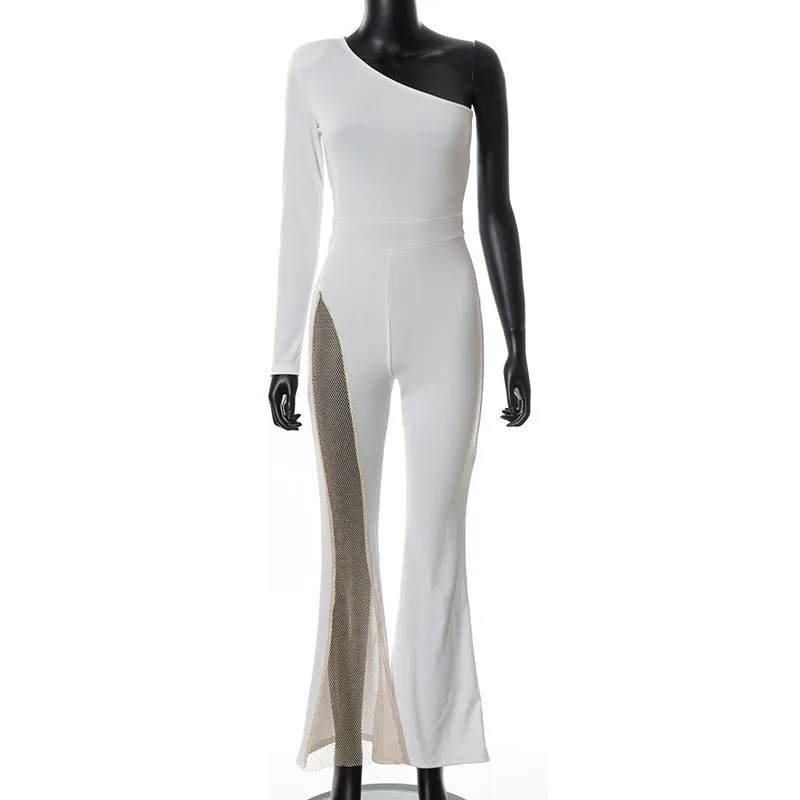Fashion Solid Color One-shoulder Mesh Stitching Jumpsuit