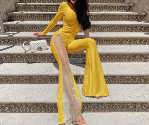 Fashion Solid Color One-shoulder Mesh Stitching Jumpsuit