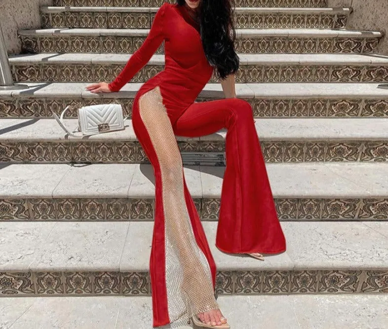 Fashion Solid Color One-shoulder Mesh Stitching Jumpsuit