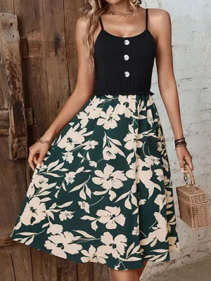 Floral Print Midi Sling Dress with Button Front