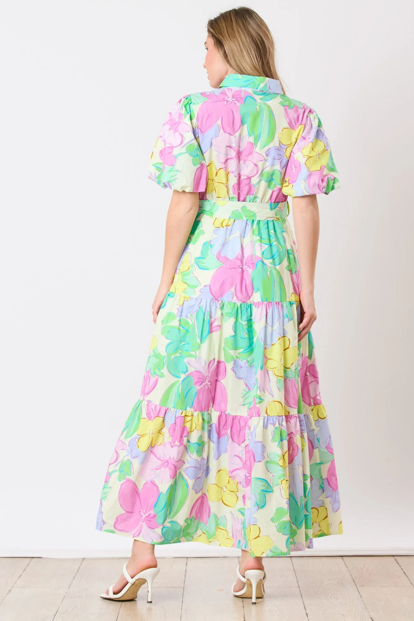 Floral Print Puff Sleeve Shirt Maxi Dress