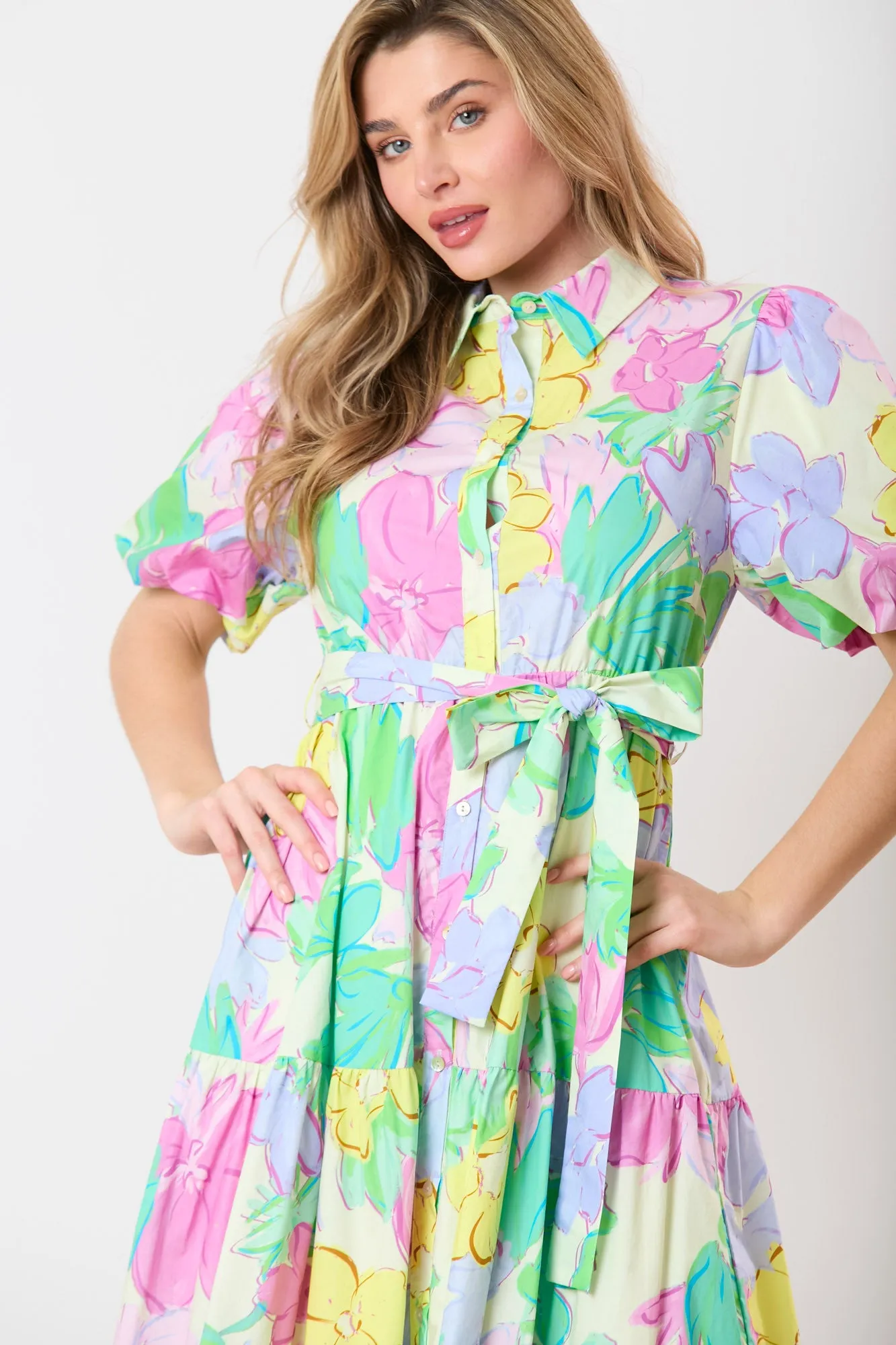 Floral Print Puff Sleeve Shirt Maxi Dress