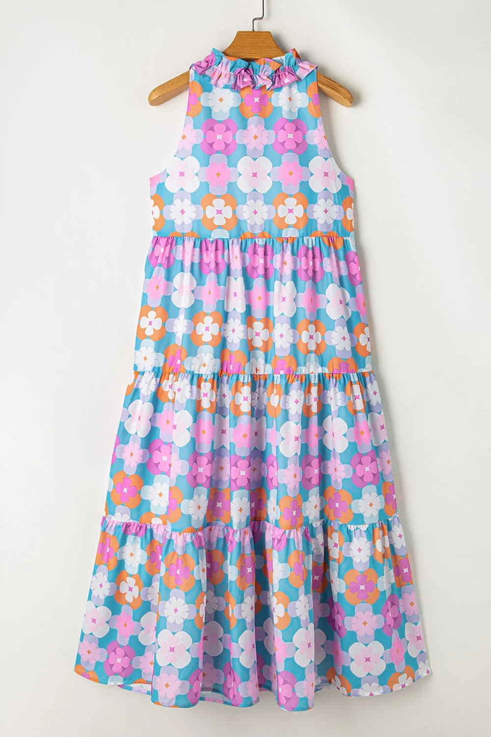Floral Print Sleeveless Tiered Midi Dress