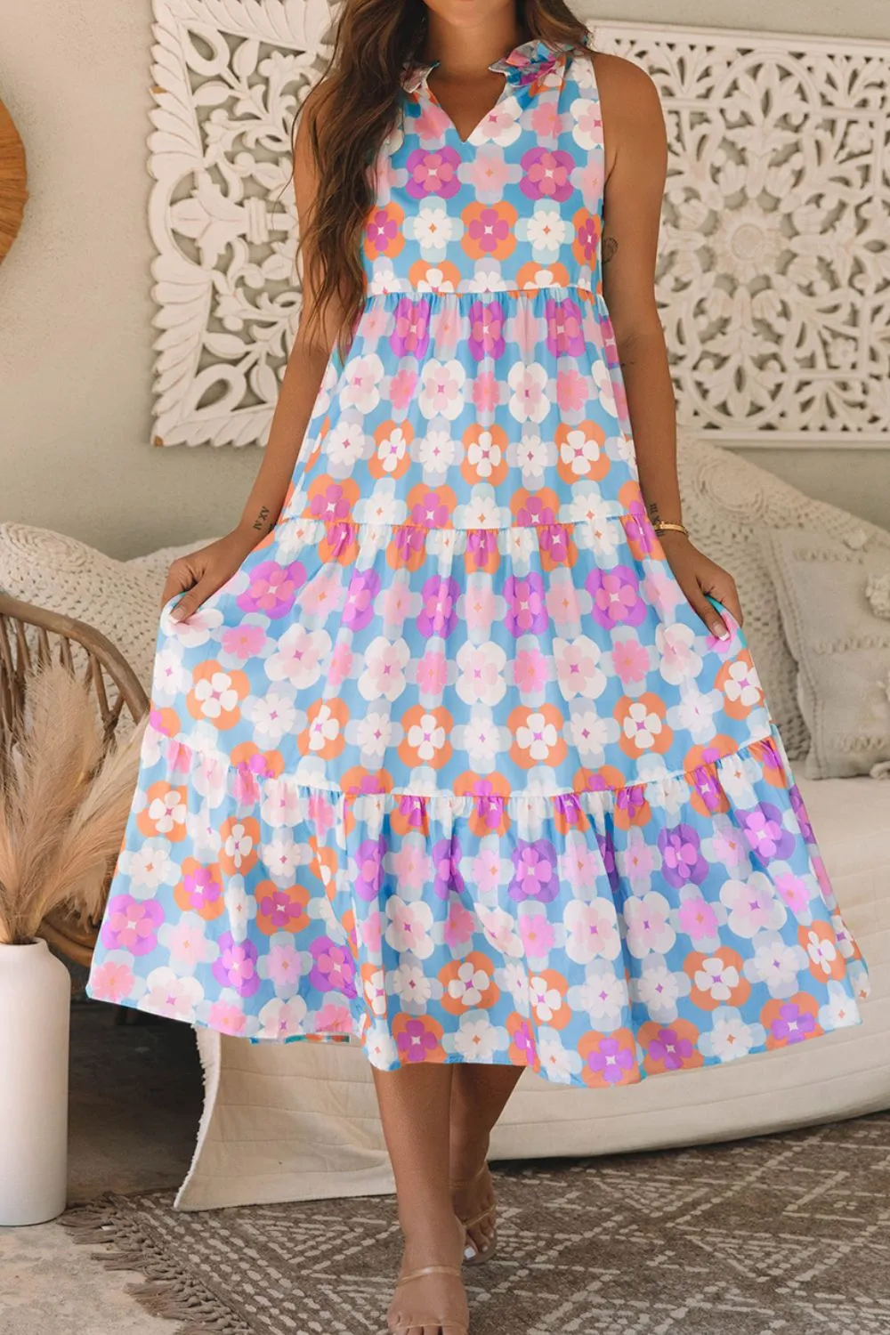 Floral Print Sleeveless Tiered Midi Dress