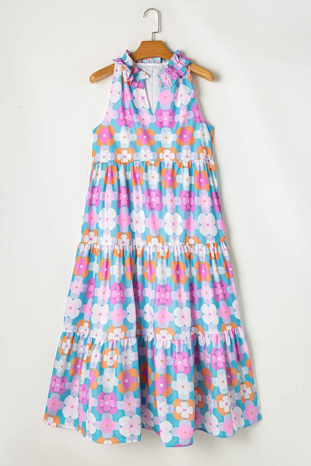 Floral Print Sleeveless Tiered Midi Dress
