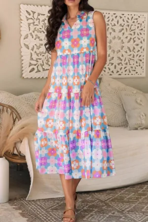Floral Print Sleeveless Tiered Midi Dress