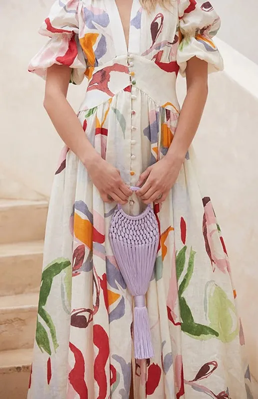 Floral Print V-neck Maxi Dress with Button-Down Front