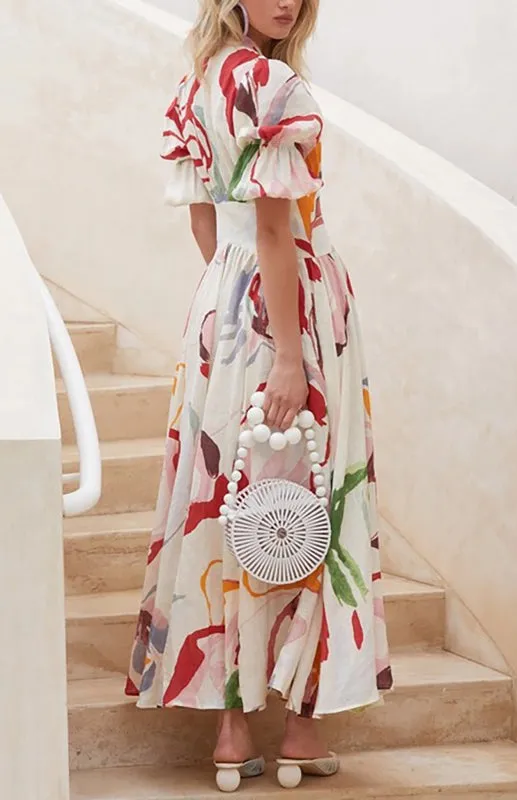 Floral Print V-neck Maxi Dress with Button-Down Front