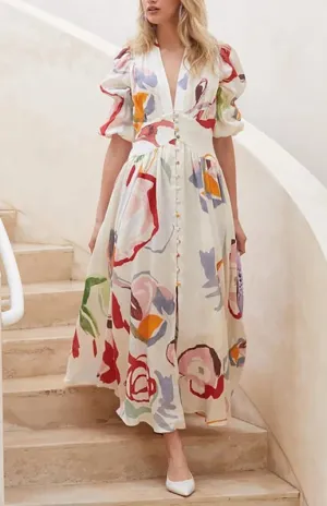 Floral Print V-neck Maxi Dress with Button-Down Front
