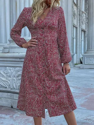 Floral Print V-Neck Midi Dress with Button-Down Front