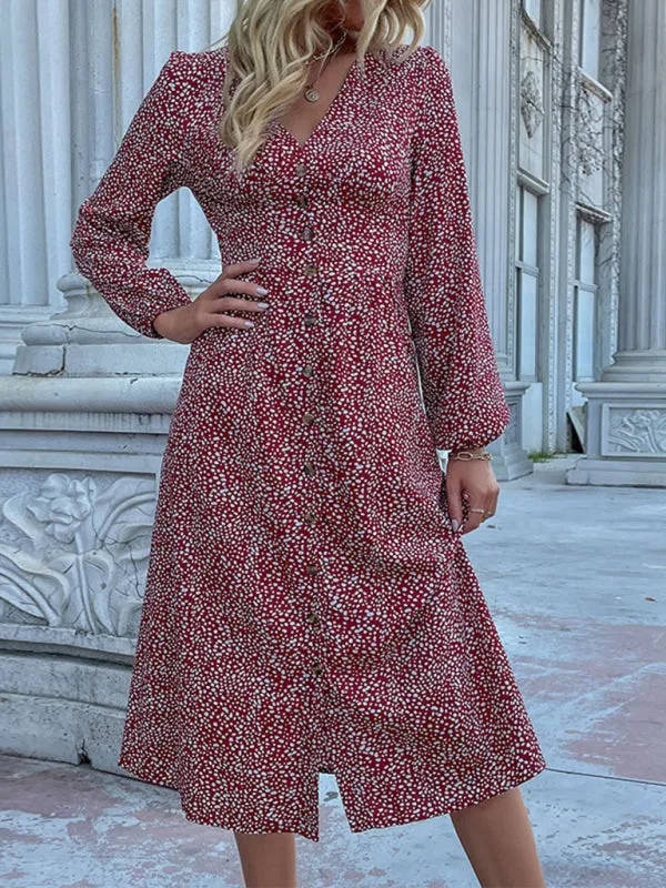 Floral Print V-Neck Midi Dress with Button-Down Front