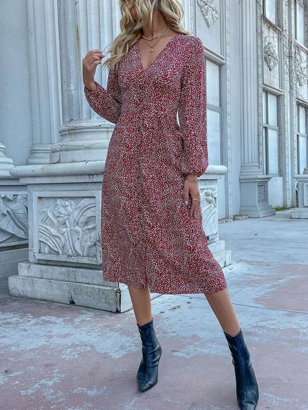 Floral Print V-Neck Midi Dress with Button-Down Front
