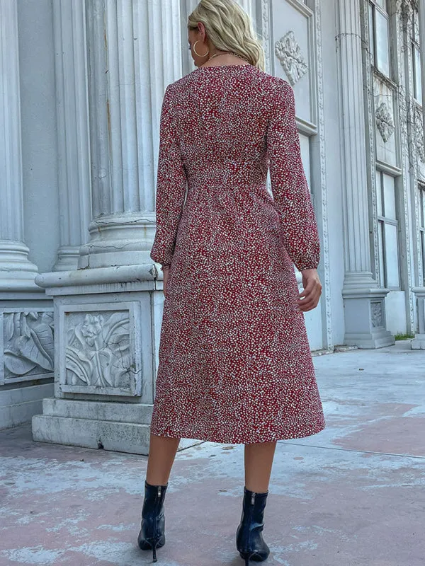 Floral Print V-Neck Midi Dress with Button-Down Front