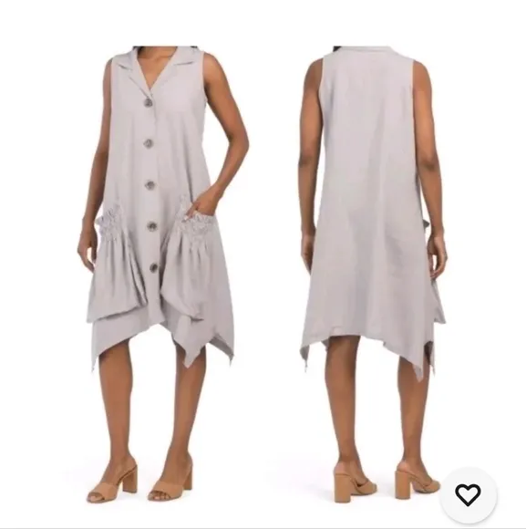 For Cynthia Linen-Blend Sark Bite Hem Shirt Dress Size L  Patch Rushed Pockets
