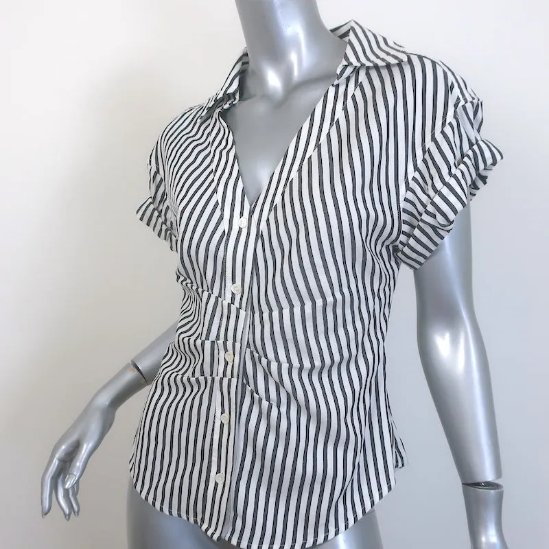 FRAME Rolled-Sleeve Button Down Top Gray/White Striped Cotton-Blend Size Small