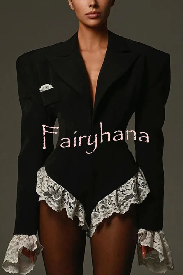 Full of Design Lace Trim Long Sleeve Lapel Blazer Romper