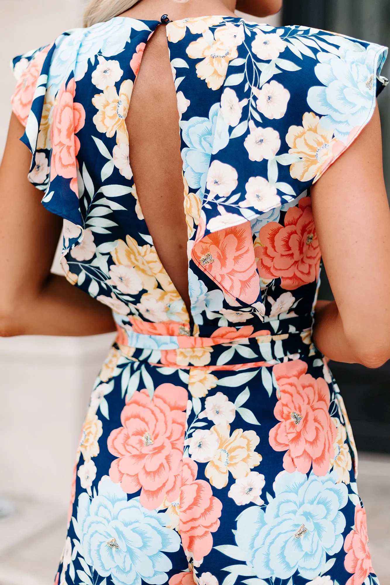 Garden Exploration Ruffled Floral Print Romper (Navy)