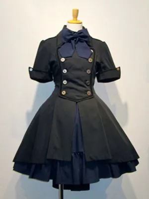 Gothic Lolita OP Dress Button Bow Ruffle Two Tone High Low Lolita One Piece Dress