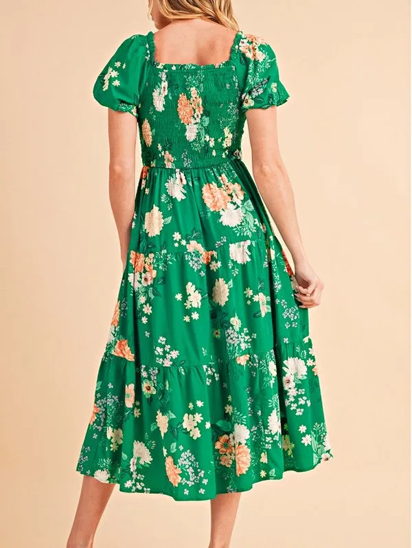 Green Floral Bubble Smocked Tiered Midi Dress