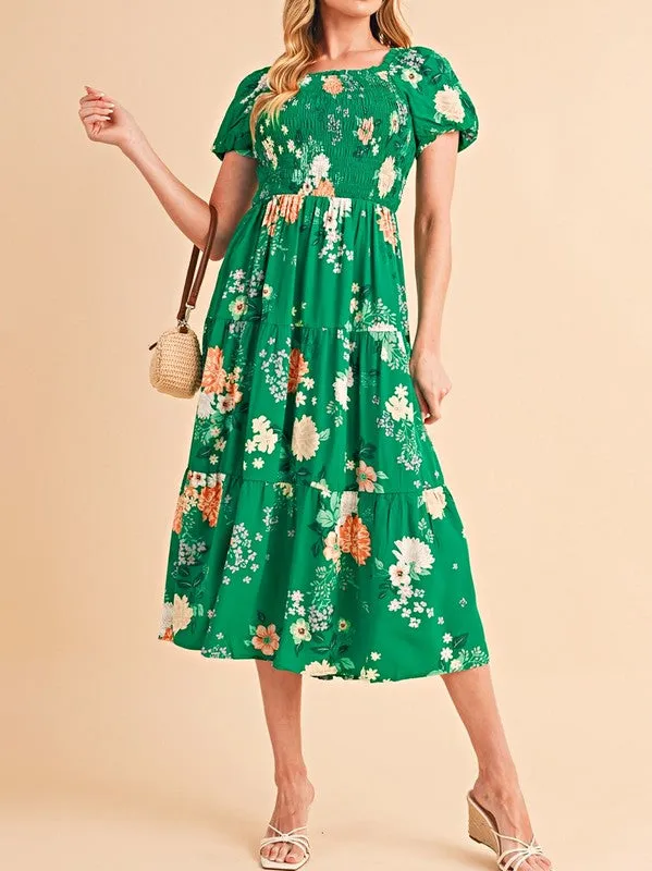 Green Floral Bubble Smocked Tiered Midi Dress