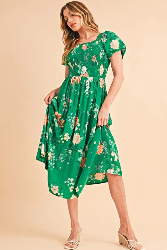 Green Floral Bubble Smocked Tiered Midi Dress