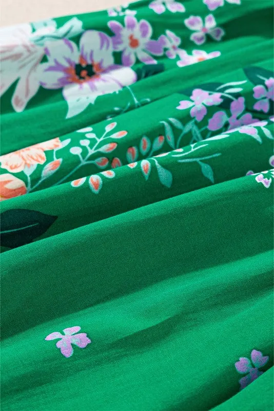 Green Floral Bubble Smocked Tiered Midi Dress
