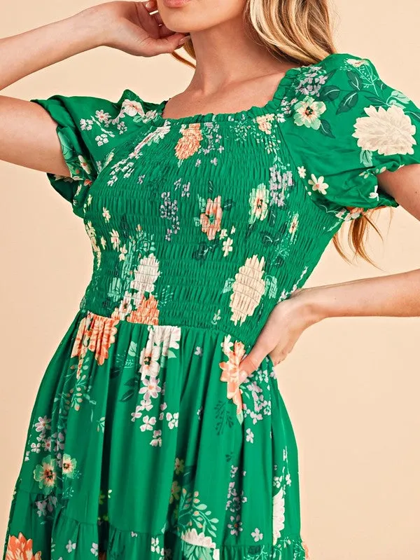 Green Floral Bubble Smocked Tiered Midi Dress