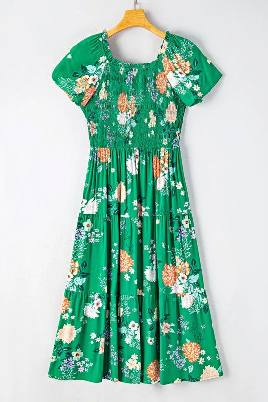 Green Floral Bubble Smocked Tiered Midi Dress