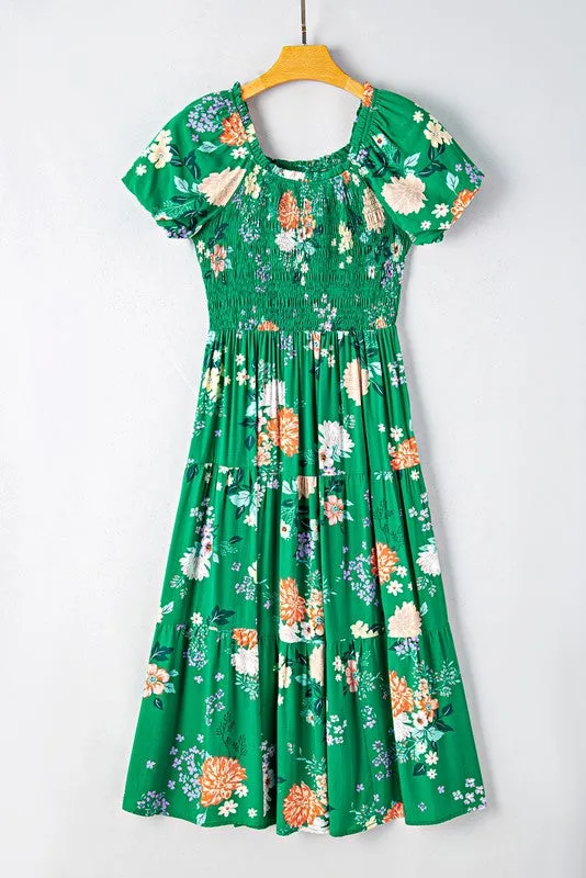 Green Floral Bubble Smocked Tiered Midi Dress