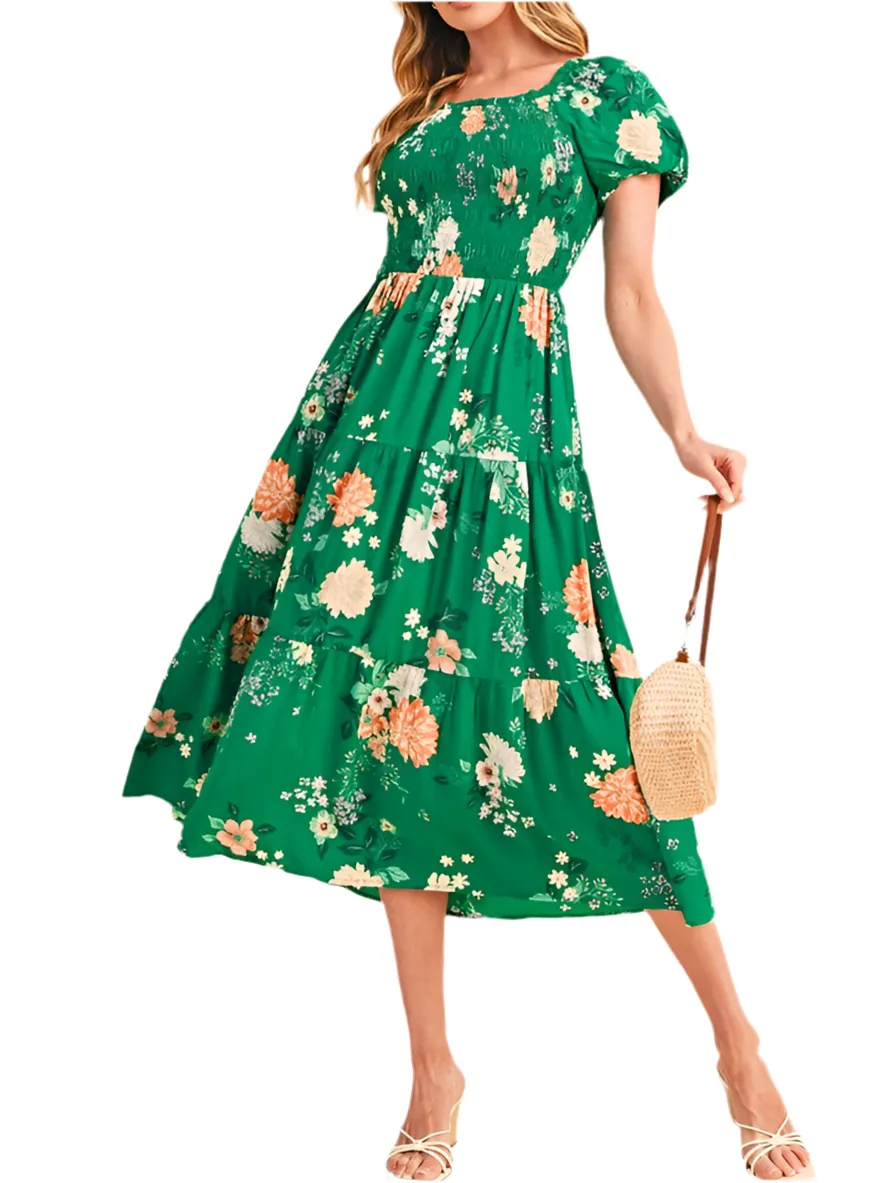 Green Floral Bubble Smocked Tiered Midi Dress