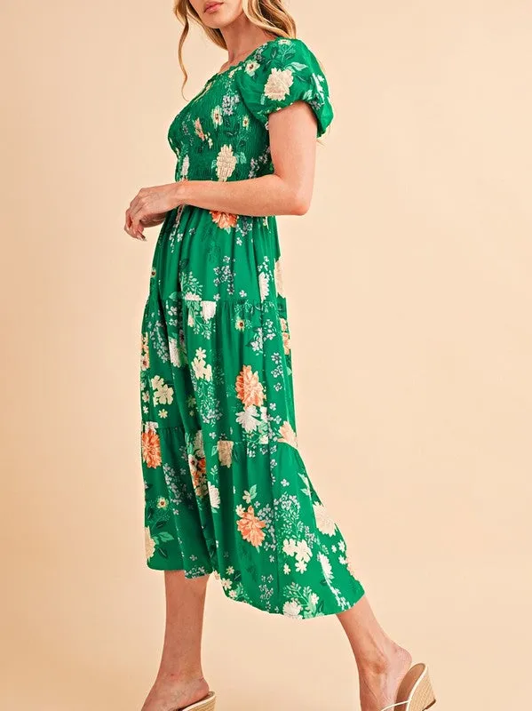 Green Floral Bubble Smocked Tiered Midi Dress