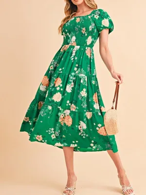 Green Floral Bubble Smocked Tiered Midi Dress