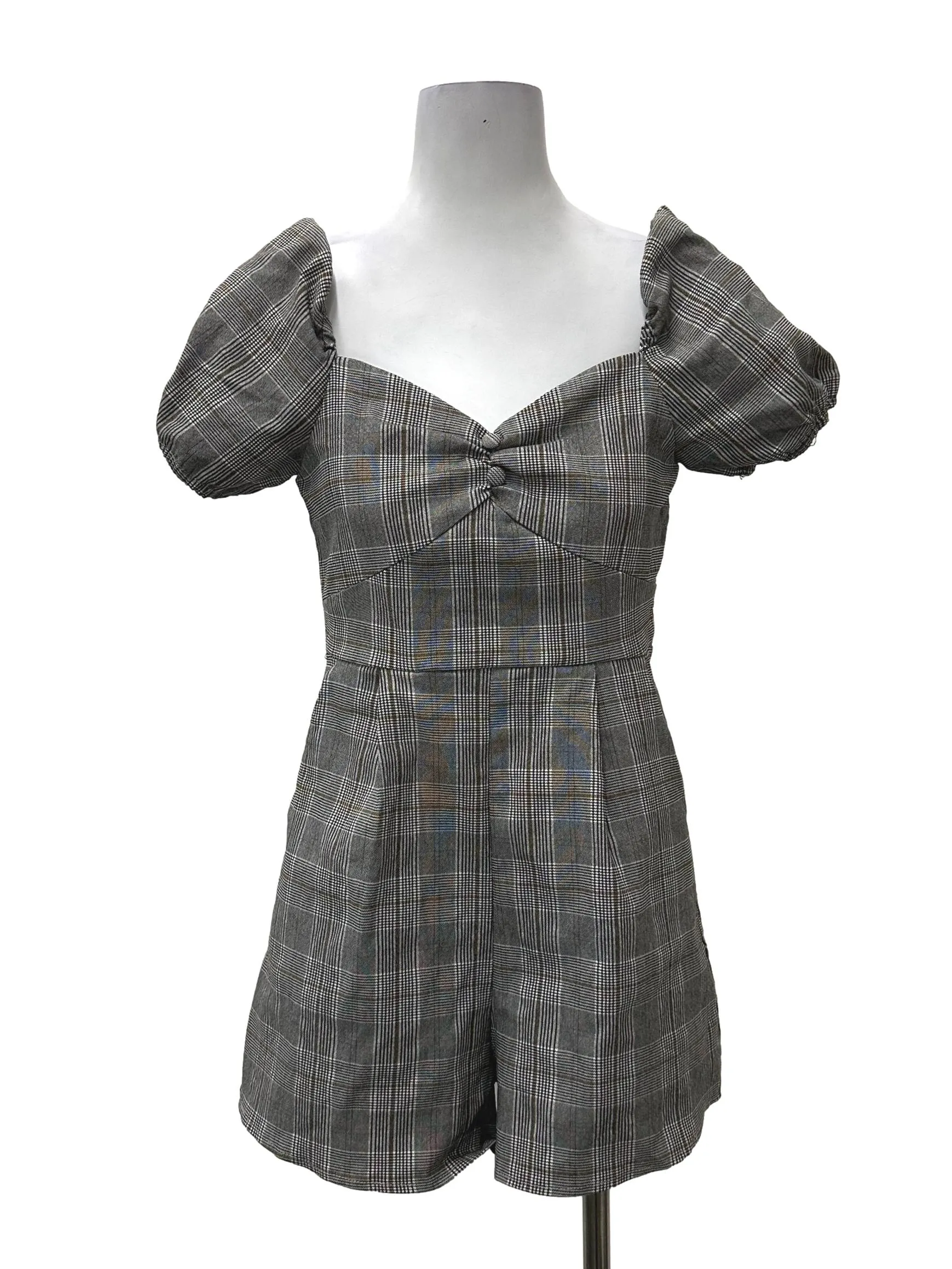 Grey Plaid Puffy Sleeve Romper