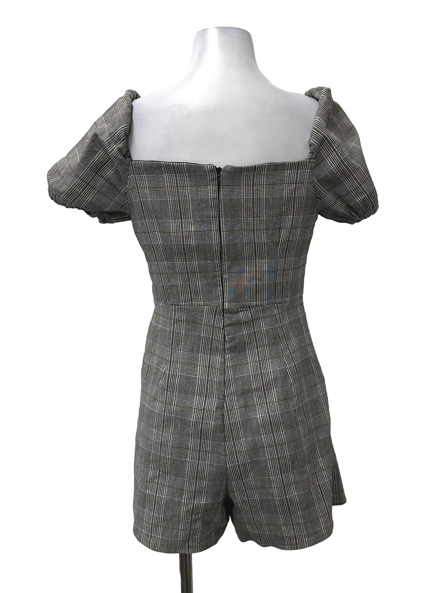 Grey Plaid Puffy Sleeve Romper