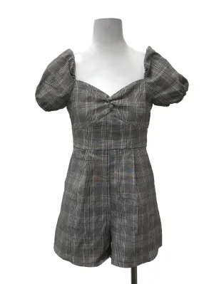 Grey Plaid Puffy Sleeve Romper