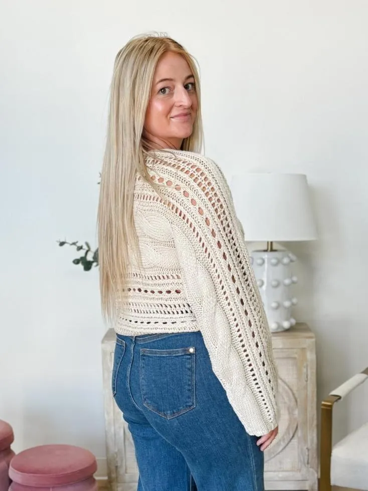 Hollow Out Knit Cropped Sweater in Oatmeal