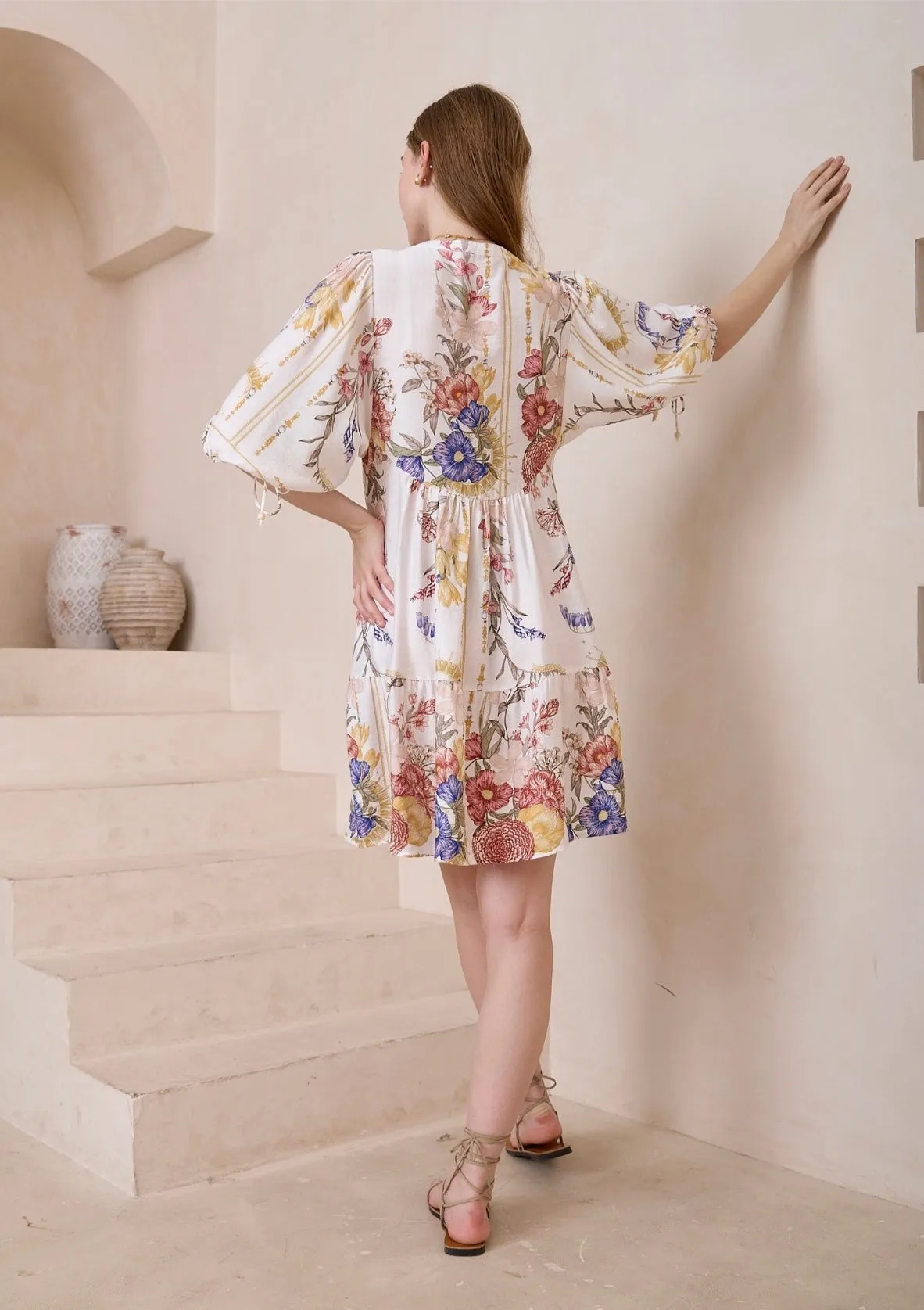 Isabella Vintage Bloom Button Front Mini Dress-White