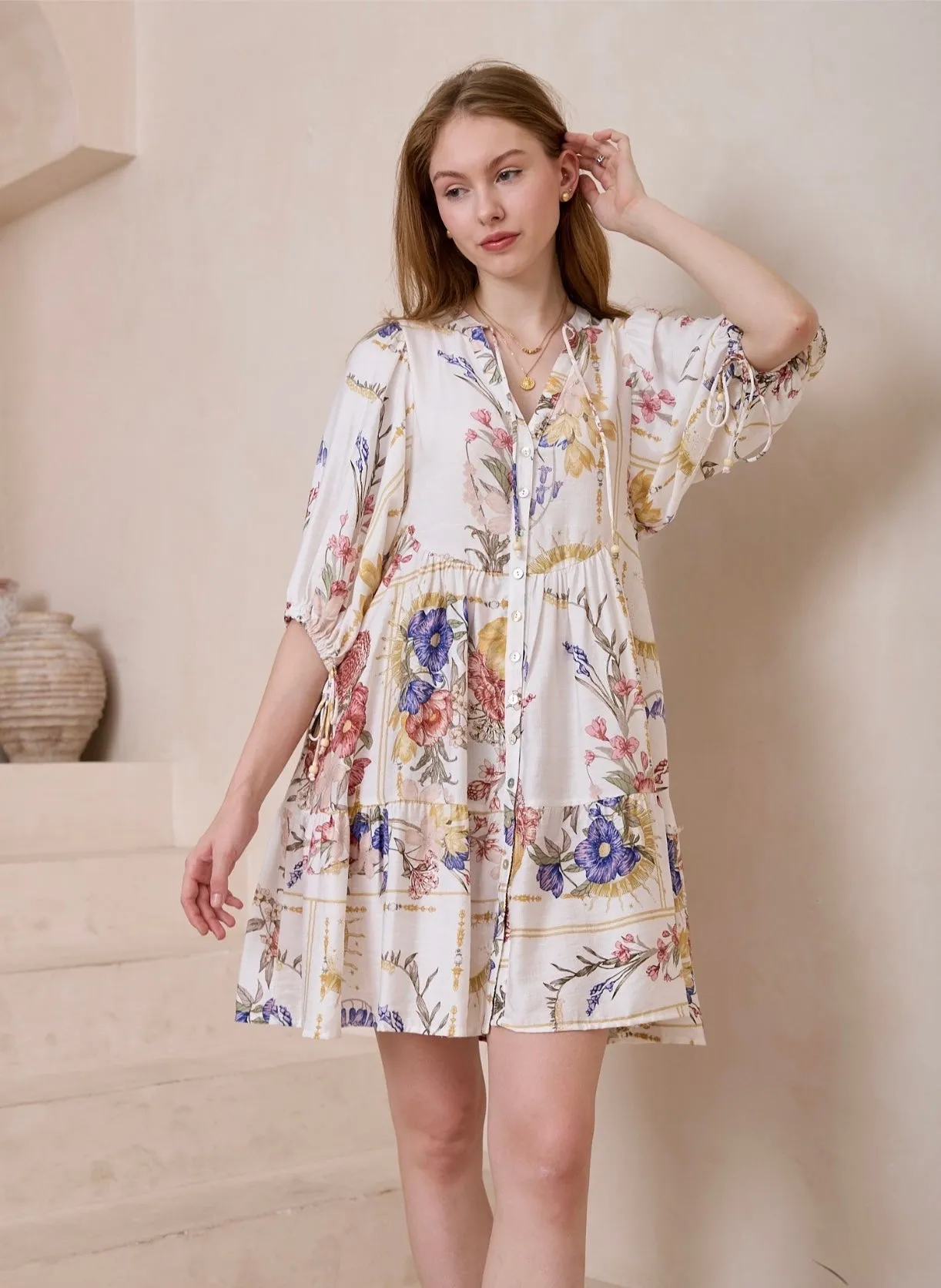 Isabella Vintage Bloom Button Front Mini Dress-White