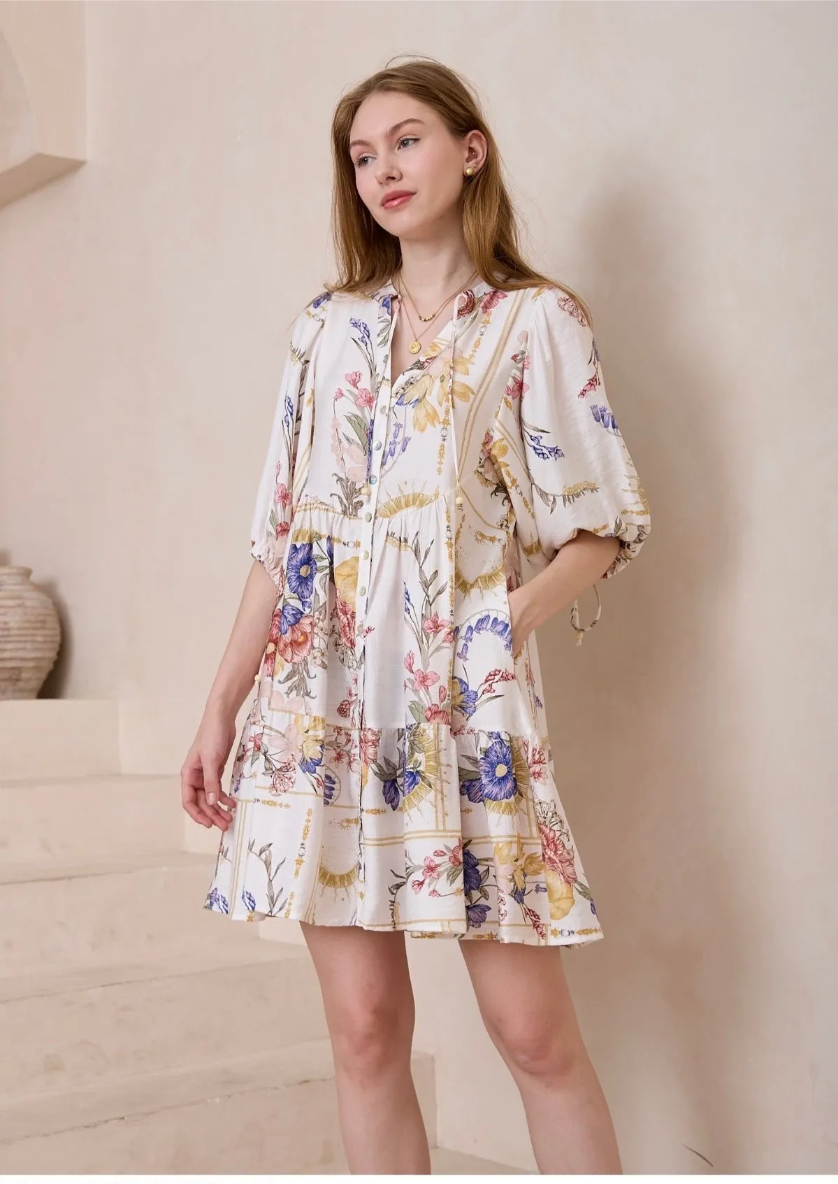 Isabella Vintage Bloom Button Front Mini Dress-White