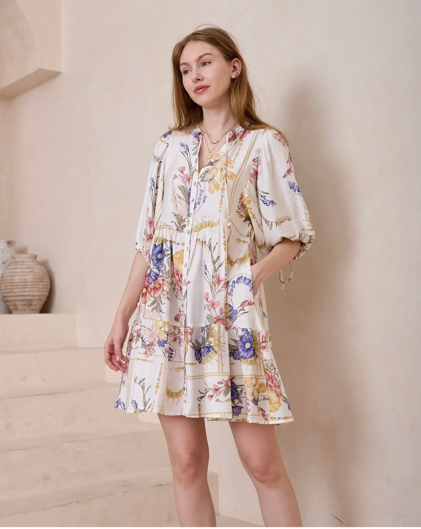 Isabella Vintage Bloom Button Front Mini Dress-White