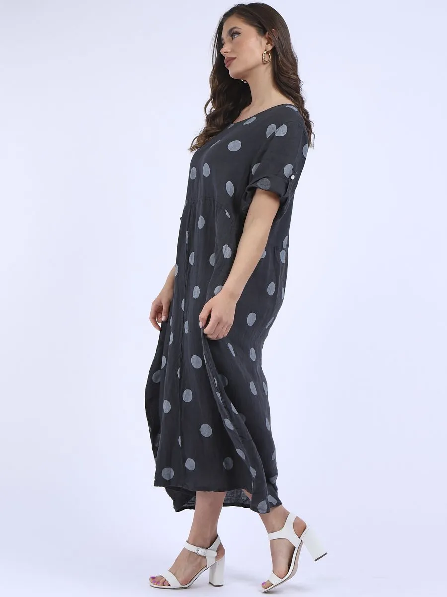 Italian Polka Dot Charcoal Linen Pocket Dress Sz 12-18